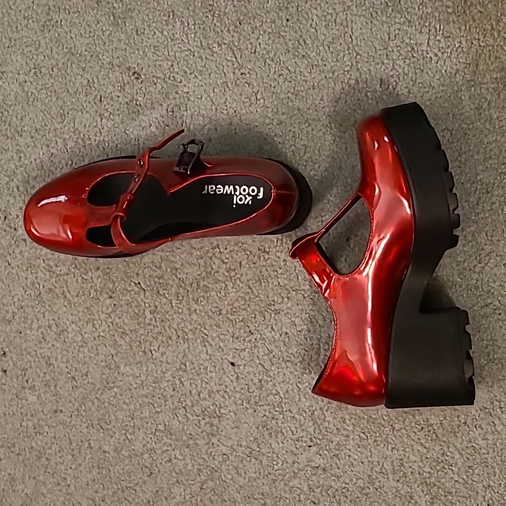 Red vegan T-strap Mary Janes